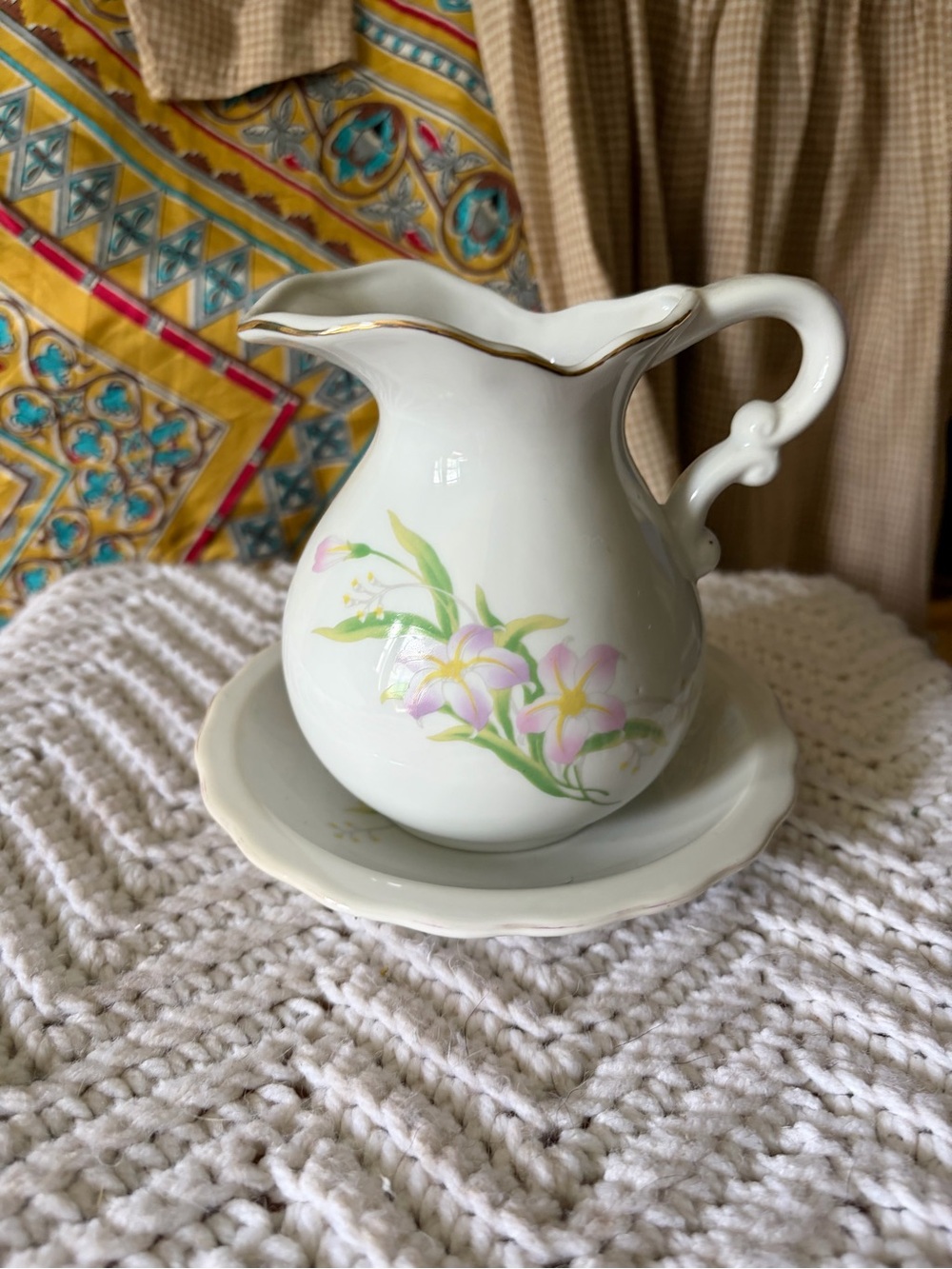 Vintage Porcelain Floral Pitcher and Basin Set with Gold Trim